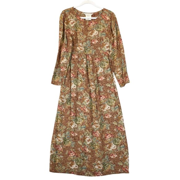 Max Studio Dress Womens 8 Brown Floral Long Sleeve Maxi Tie Back A Line Made USA - Picture 1 of 9